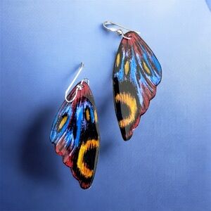 Colorful blue black butterfly wing handpainted sterling wire OOAK